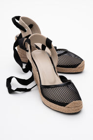 Lions - Black Mesh Leather Wedge Espadrilles Sandal (Women)