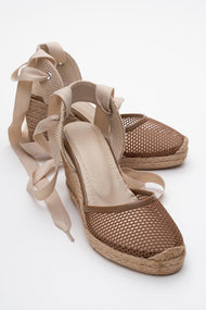 Lions - Cognac Brown Mesh Leather Wedge Espadrilles Sandal (Women)