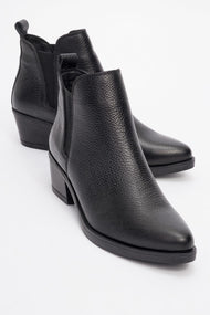 Dovena - Black Genuine Leather Elastic Block Heel Ankle Boot (Women)