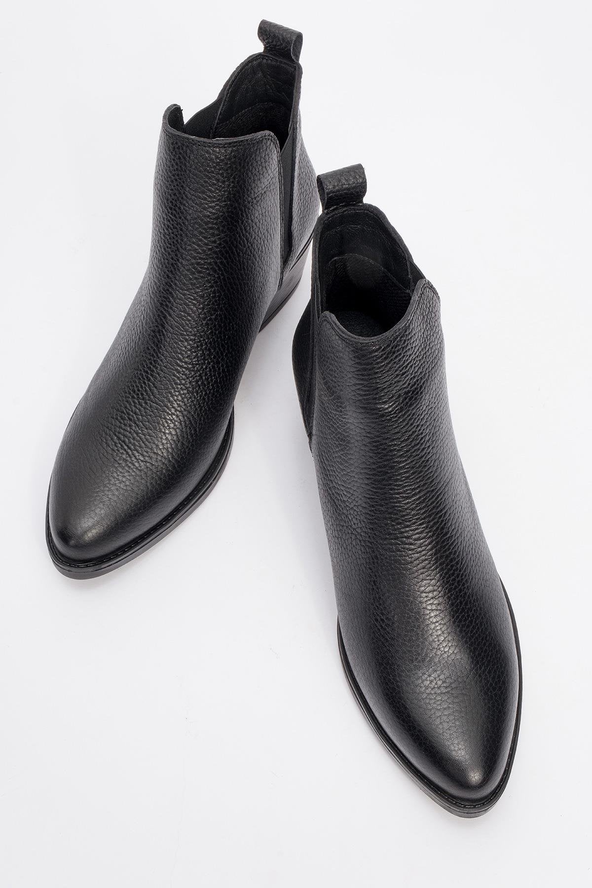 Dovena - Black Genuine Leather Elastic Block Heel Ankle Boot (Women)