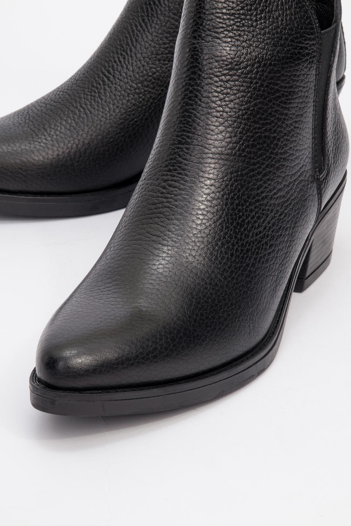 Dovena - Black Genuine Leather Elastic Block Heel Ankle Boot (Women)
