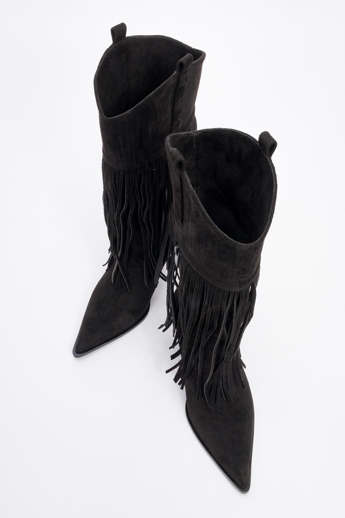 Gueras - Black Fringed Pointed Toe High Heel Boot (Women)