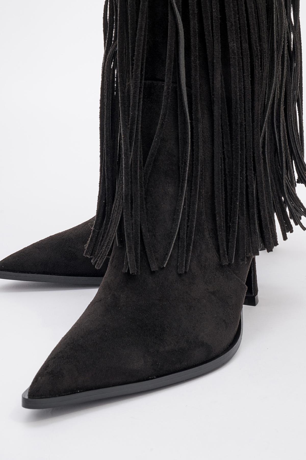 Gueras - Black Fringed Pointed Toe High Heel Boot (Women)