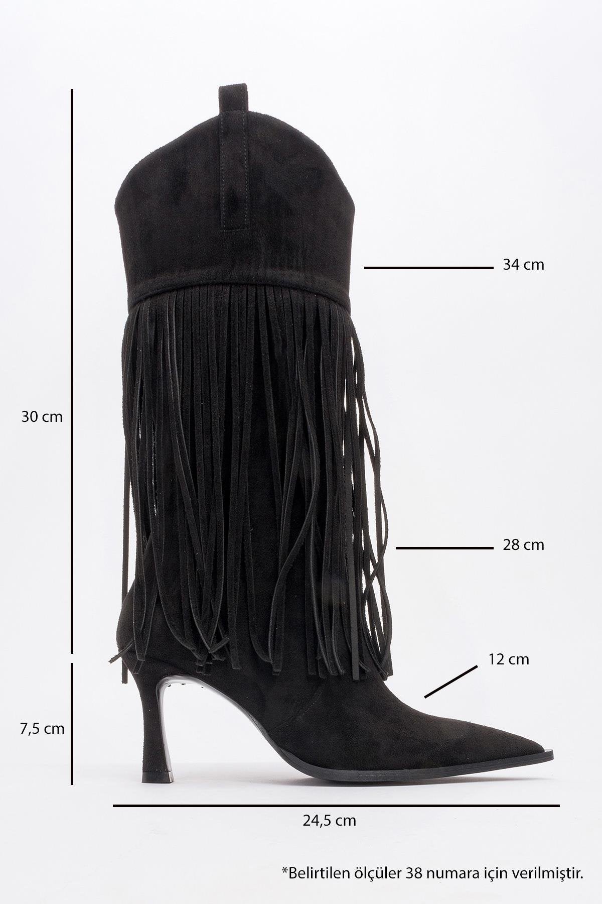 Gueras - Black Fringed Pointed Toe High Heel Boot (Women)