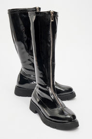 Reus - Black Patent Front-Zip Boot (Women)