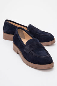 Bree - Navy Suede Platform Leather Loafers (Women)