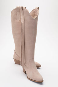 Rios - Beige Genuine Leather Suede Tassel Chunky Heel Boot (Women)