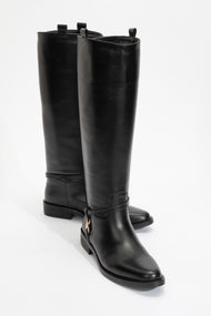 May Black Leather Buckle Boot (Women)