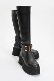 Doras - Black Platform Heel Knee-High Boot (Women)