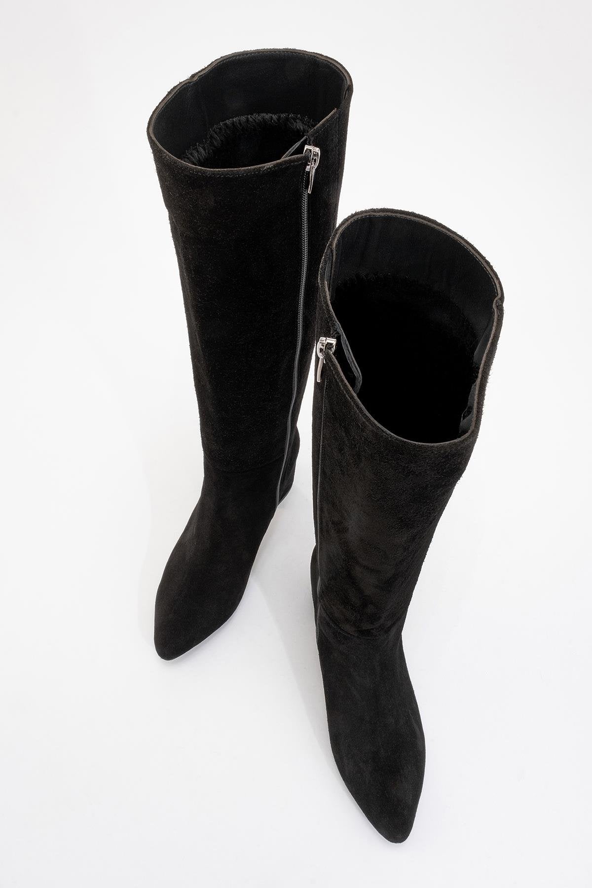 Sejas - Black Suede Genuine Leather Block Heel Knee-High Boot (Women)