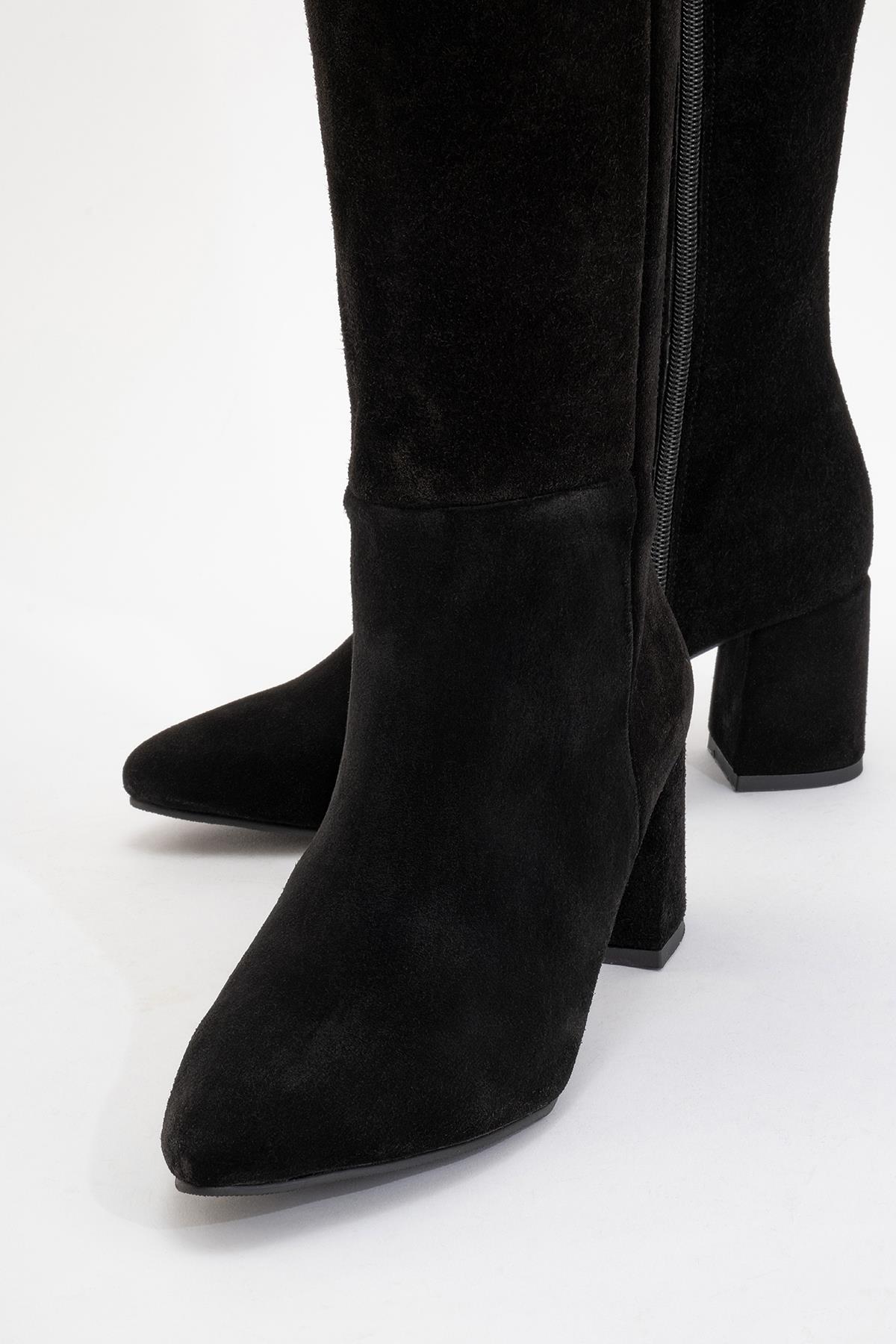 Sejas - Black Suede Genuine Leather Block Heel Knee-High Boot (Women)