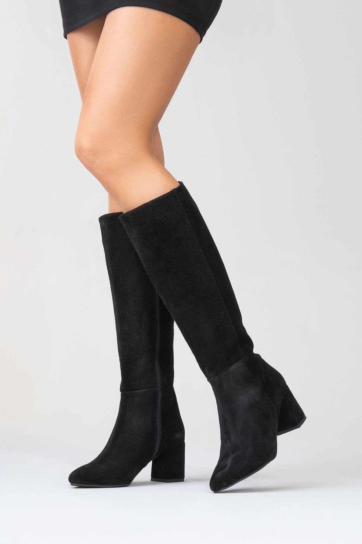 Sejas - Black Suede Genuine Leather Block Heel Knee-High Boot (Women)