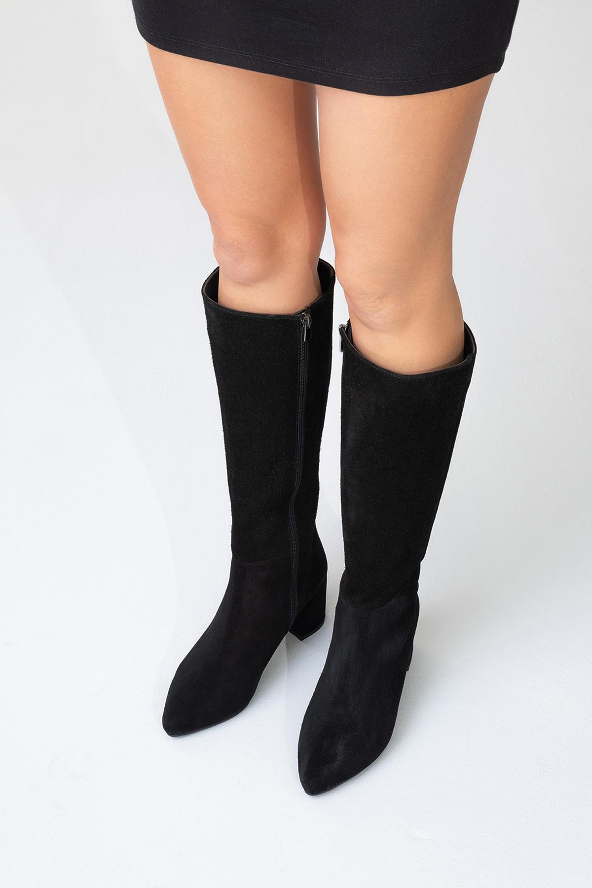 Sejas - Black Suede Genuine Leather Block Heel Knee-High Boot (Women)