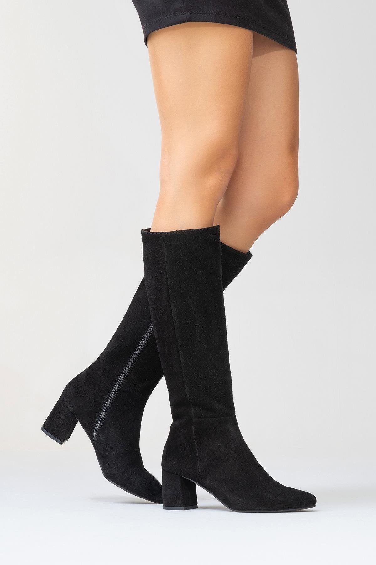 Sejas - Black Suede Genuine Leather Block Heel Knee-High Boot (Women)