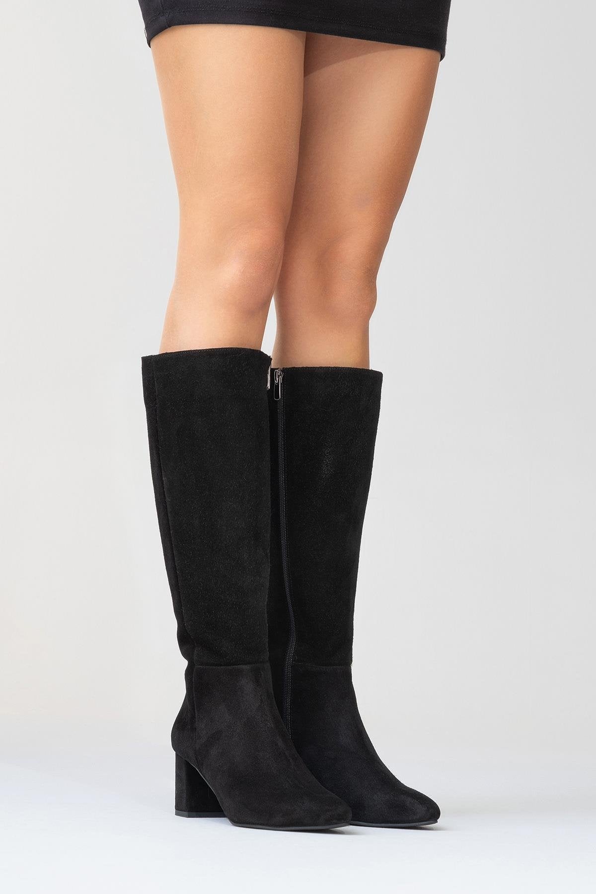 Sejas - Black Suede Genuine Leather Block Heel Knee-High Boot (Women)