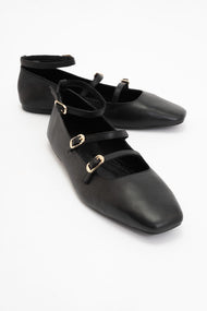 Serena - Black Leather Mary Jane Flats