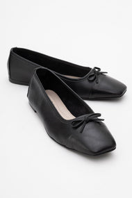 Romy - Black Genuine Leather Square-Toe Bow Ballet Flat (Women)