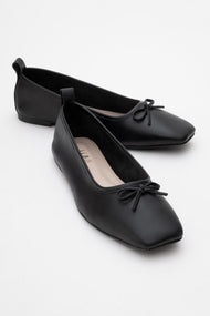 Sosa - Black Genuine Leather Square-Toe Bow Ballet Flat (Women)