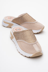 GLEA Beige Mesh Rhinestone Mules (Women)