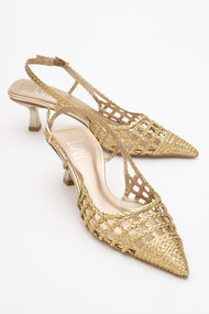 Heaven - Gold Knitted Open-Back Slingback Low Heel Shoe (Women)