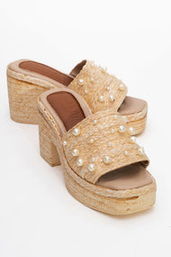 Rayne - Beige Straw Pearl Platform Heel Mule (Women)