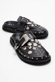 Maril Black Leather Buckle Slide (Women)