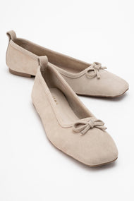 Sosa - Beige Suede Genuine Leather Square Toe Bow Ballet Flat (Women)