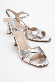 Melin - Silver Patterned Cross-Strap Heeled Shoe (Women)