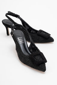Ensley - Black Knitted Buckle-Detail Backless High Heel Shoe (Women)