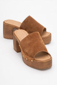 Pull - Cognac Brown Suede Leather Heeled Mules (Women)