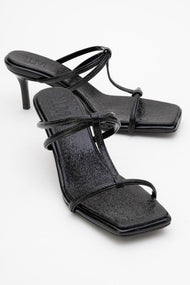 Mocha Black Pattern Square‑Toe Thin‑Strap Heel Sandal (Women)