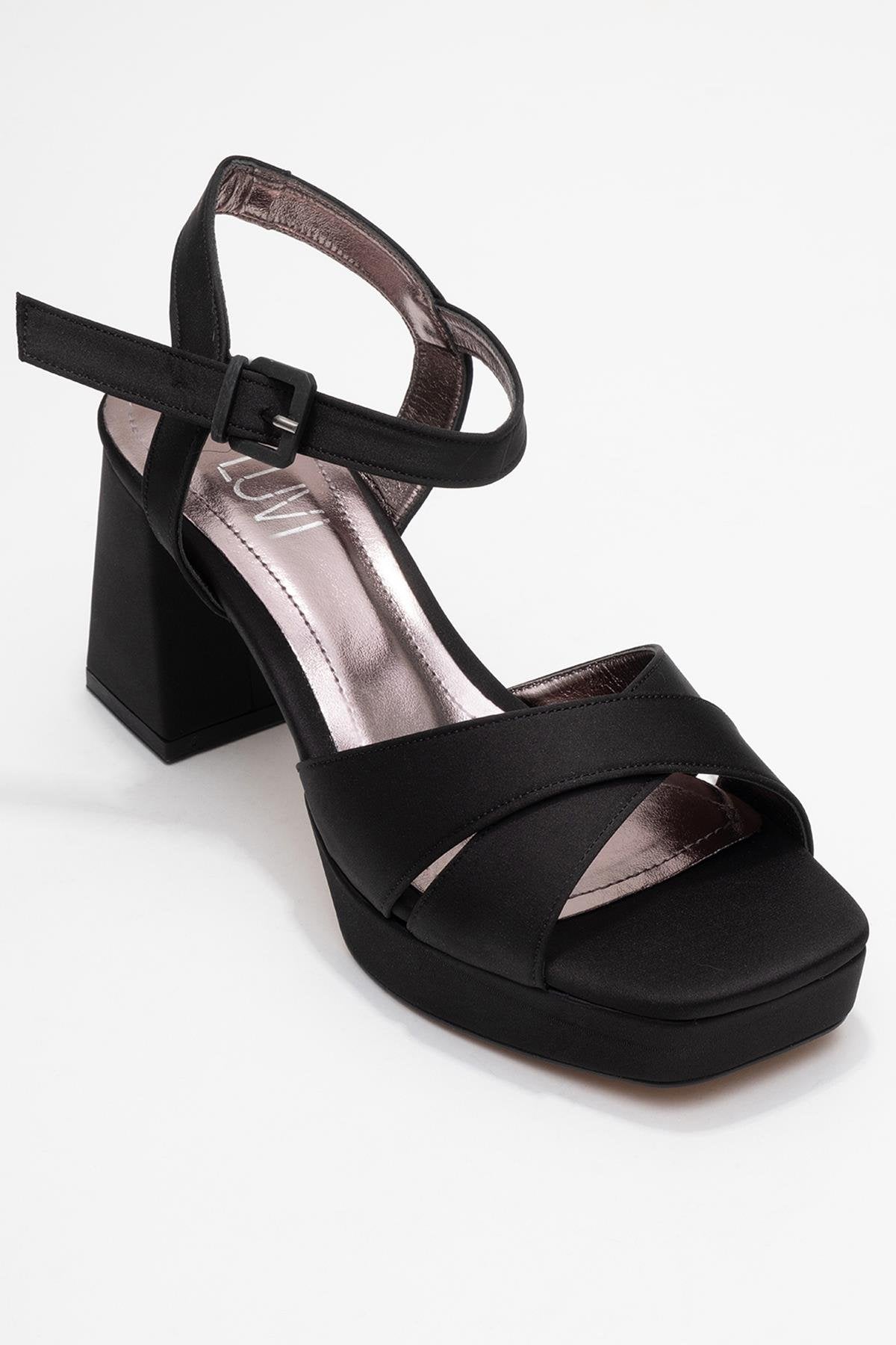 Lisbon - Black Satin Cross-Strap Platform Heel (Women)