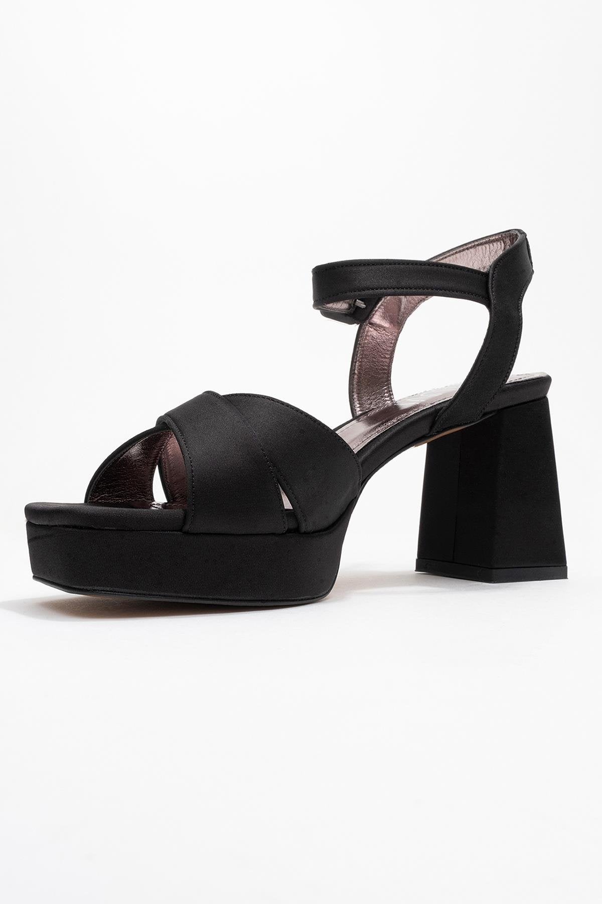 Lisbon - Black Satin Cross-Strap Platform Heel (Women)