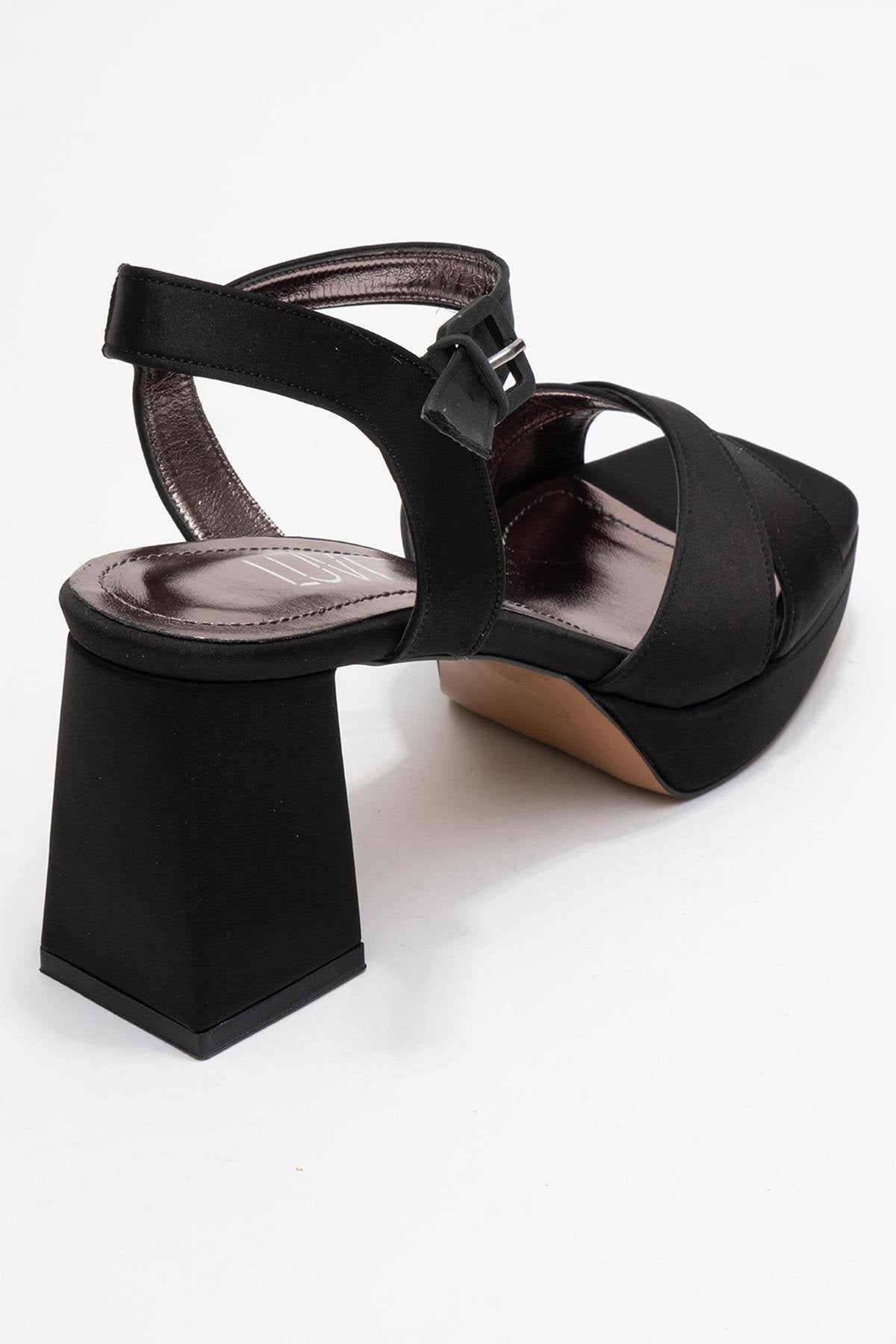Lisbon - Black Satin Cross-Strap Platform Heel (Women)
