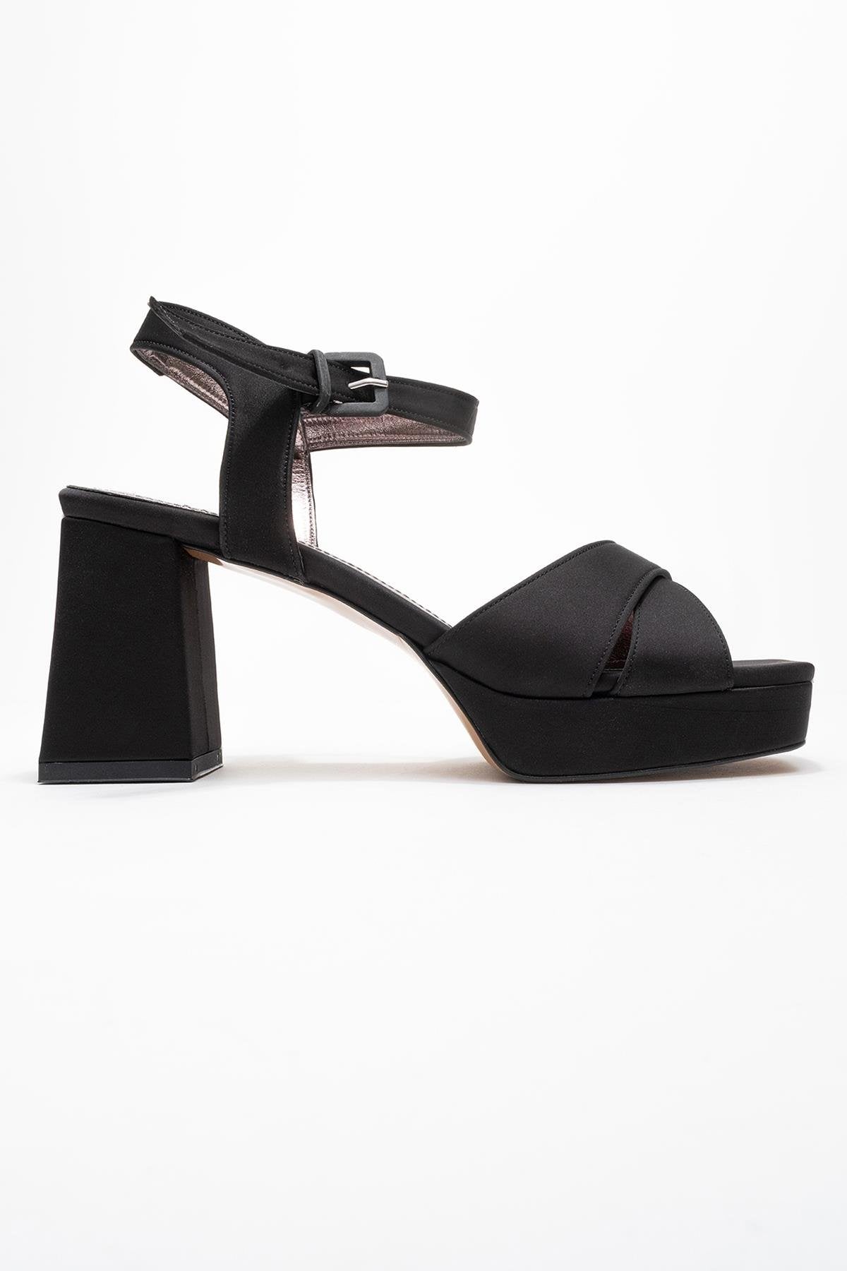 Lisbon - Black Satin Cross-Strap Platform Heel (Women)