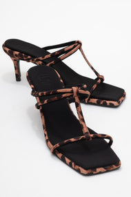 Mocha - Black/Yellow Printed Square-Toe Thin-Strap Heeled Mule (Women)