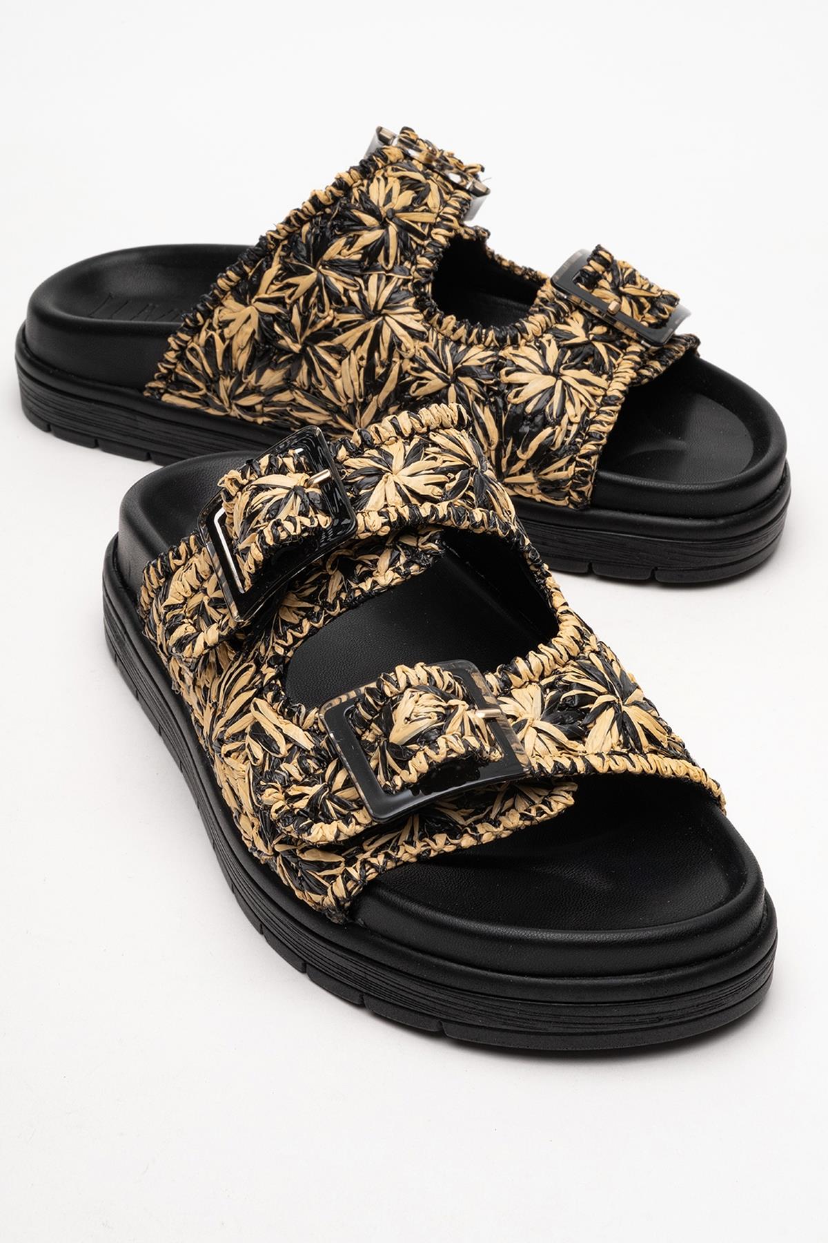 Milana Black Leather Double‑Strap Slide (Women)