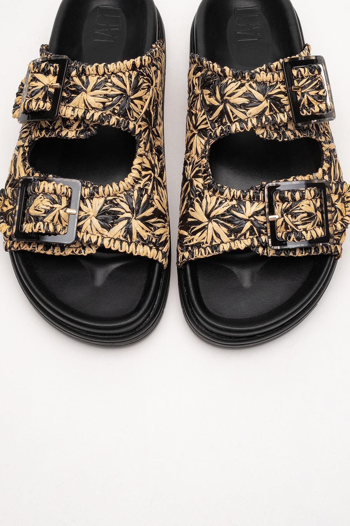 Milana Black Leather Double‑Strap Slide (Women)