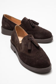 Alex - Brown Suede Genuine Leather Tassel Elastic Loafer (Women)