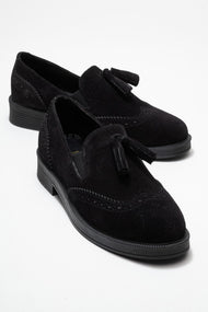 Alex - Black Suede Genuine Leather Tassel Loafer (Women)