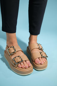 Slope Beige Double Strap Flat Sandal (Women)