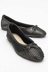 02 - Black Glitter Genuine Leather Ballet Flat (Women)