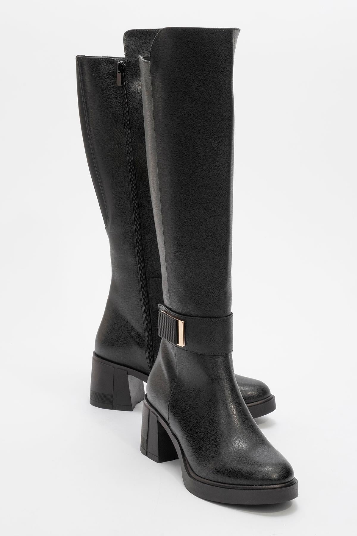 Moreni - Black Stretch Detail Buckle Block Heel Knee-High Boot (Women)
