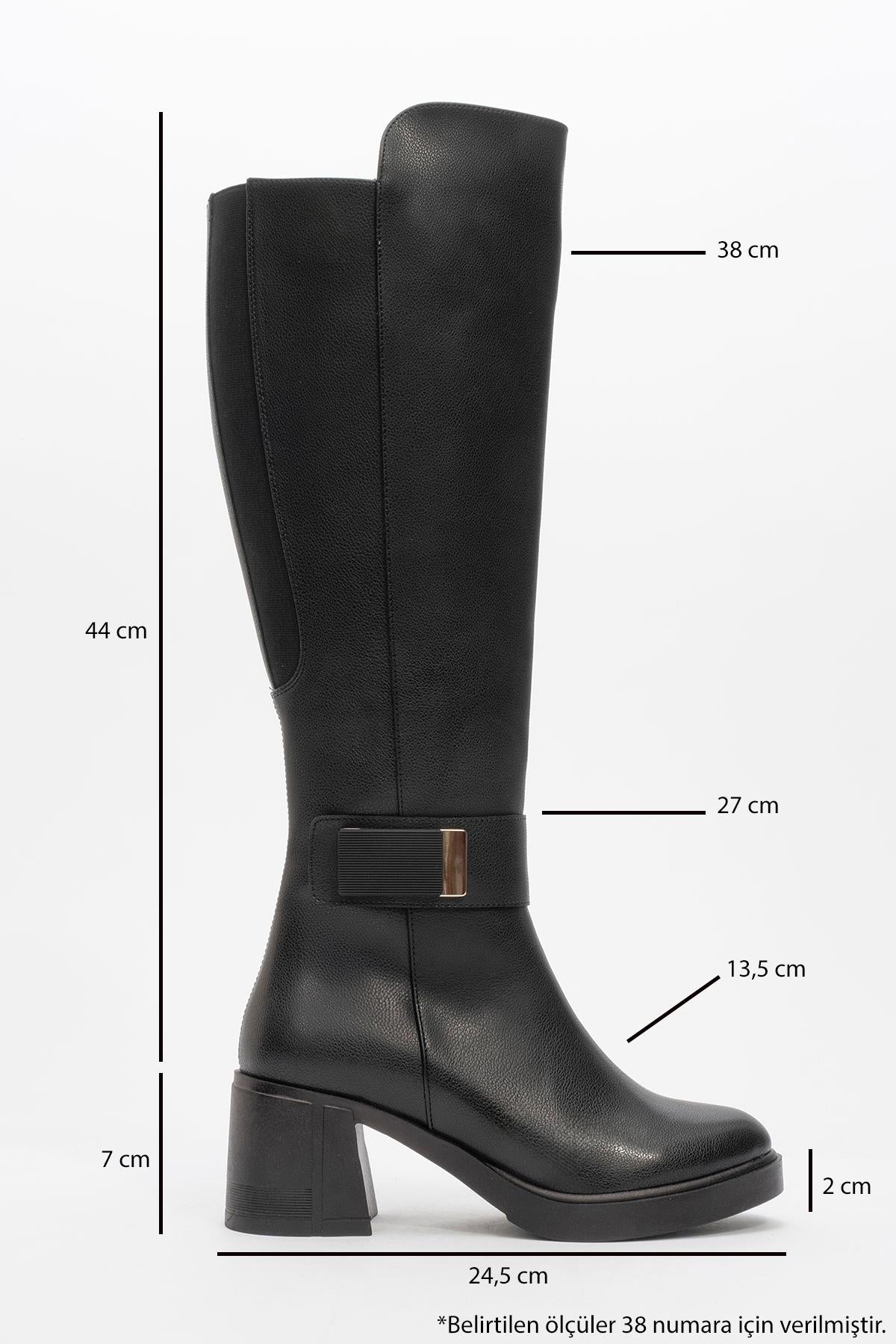 Moreni - Black Stretch Detail Buckle Block Heel Knee-High Boot (Women)