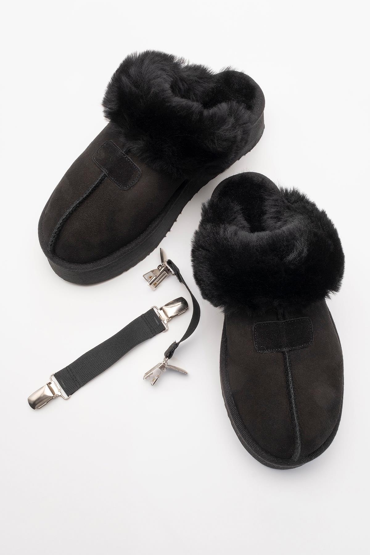 Olessa - Black Genuine Leather Suede Fur-Lined Slipper (Women)