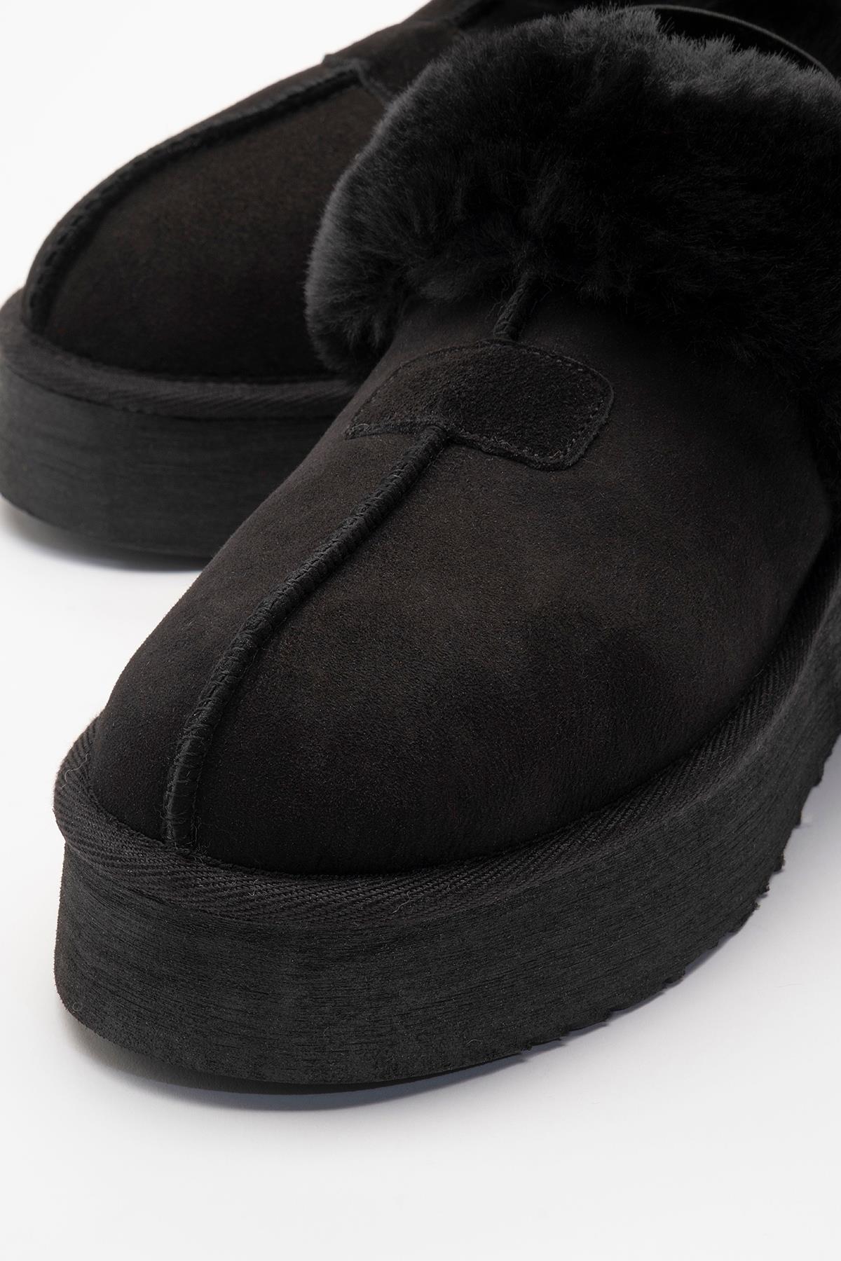 Olessa - Black Genuine Leather Suede Fur-Lined Slipper (Women)