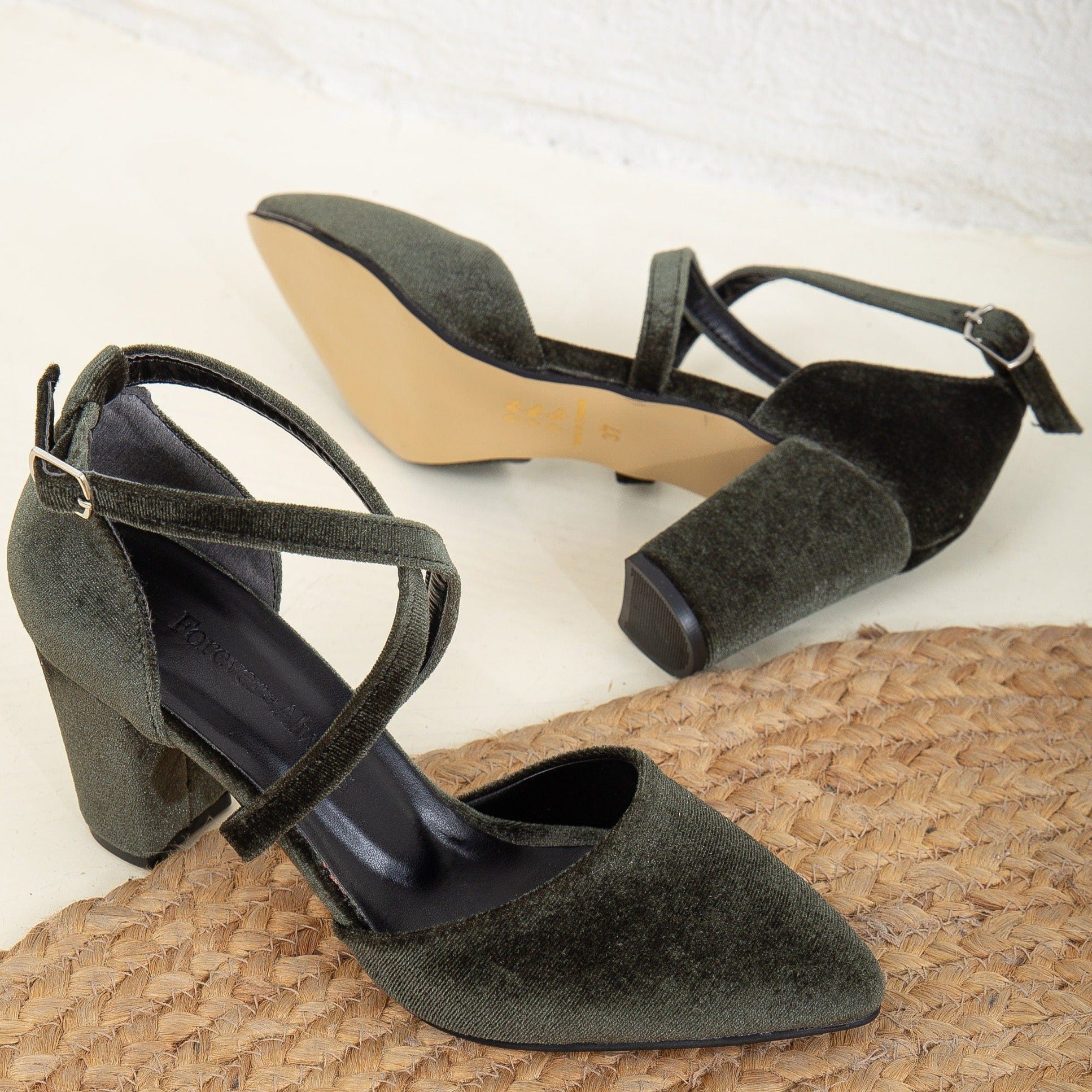 Sina - Olive Green Velvet Heels