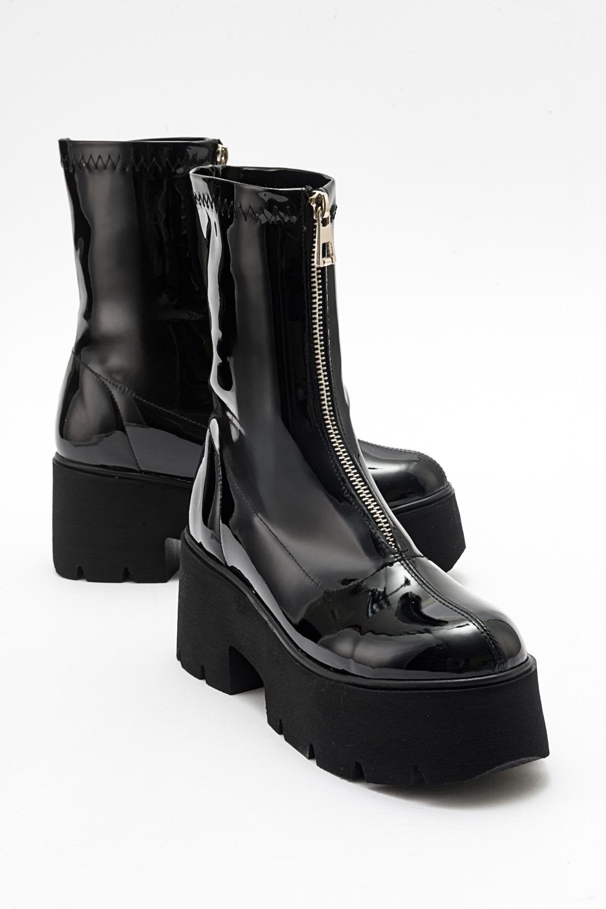 Ovil - Black Patent Thick Sole Zip Boot (Women)