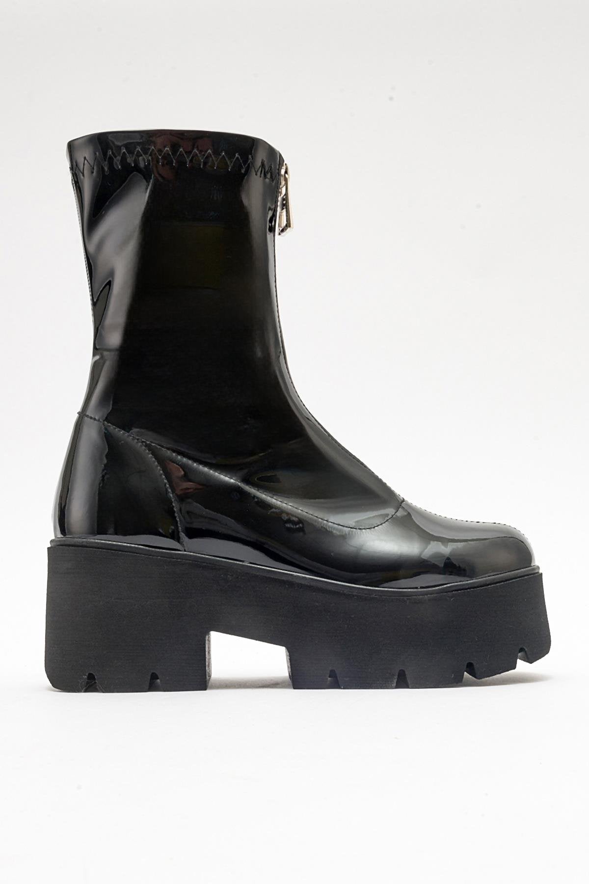 Ovil - Black Patent Thick Sole Zip Boot (Women)