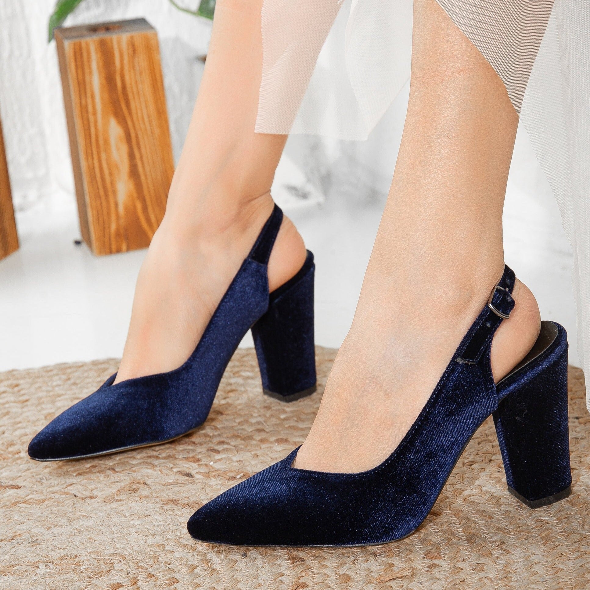 Emma - Dark Blue Velvet Slingback Shoes